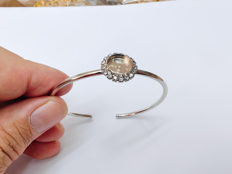 Clear Crystal Bangle Bracelet, Shiny Silver Adjustable Cuff, 10mm Bezel Jewelry Making Supplies, G37447