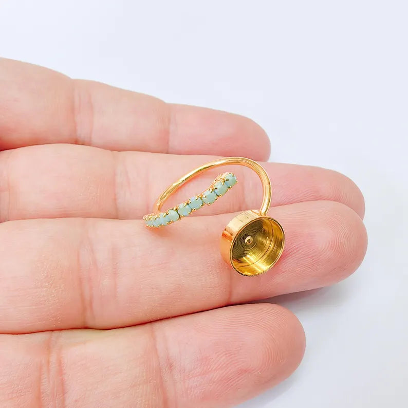 Adjustable Ring Bezel, 10mm Round Bezel Cup, Turquoise Blue Crystal, 24K Gold Plated, G37449