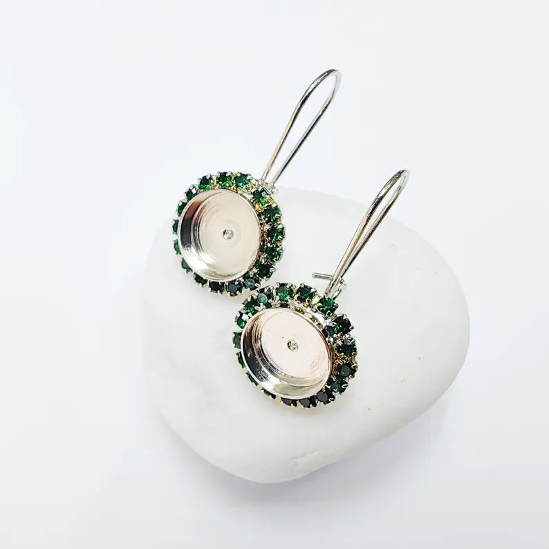 Green Crystal Drop Earrings with 10mm Bezel, Shiny Silver Plated Brass, DIY Cabochon Resin Setting, Nickel Free Jewelry, G37451