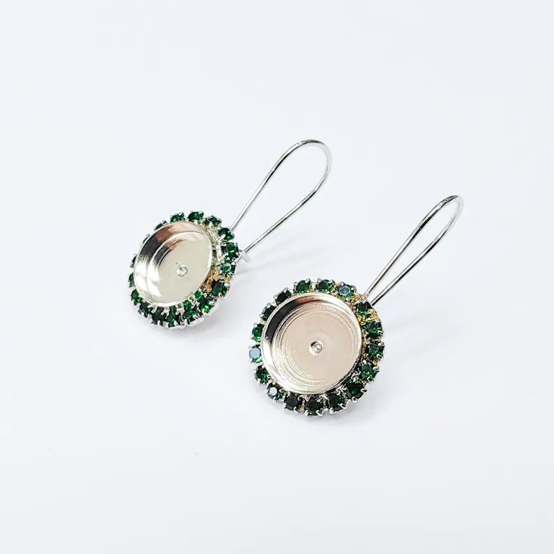 Green Crystal Drop Earrings with 10mm Bezel, Shiny Silver Plated Brass, DIY Cabochon Resin Setting, Nickel Free Jewelry, G37451
