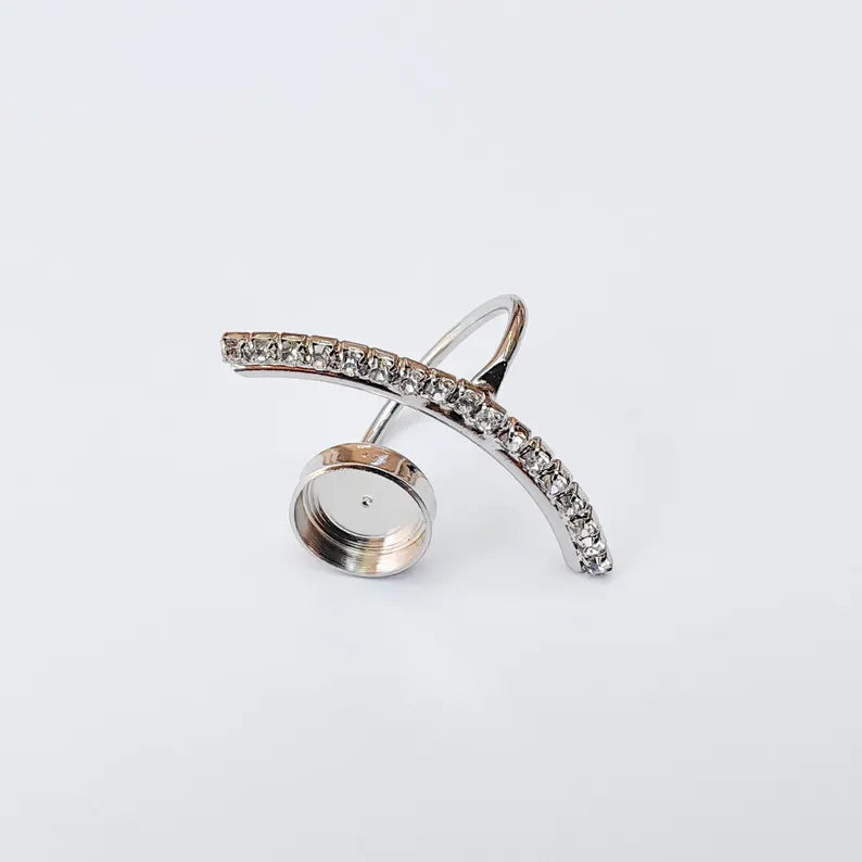 Clear Crystal Accent Adjustable Ring Bezel, 10mm Bezel Cup, Shiny Silver Brass, G37452