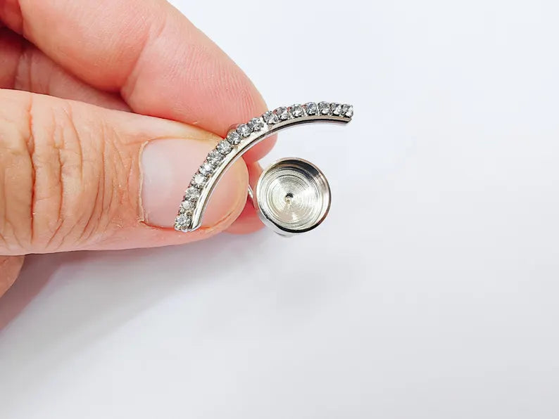Clear Crystal Accent Adjustable Ring Bezel, 10mm Bezel Cup, Shiny Silver Brass, G37452