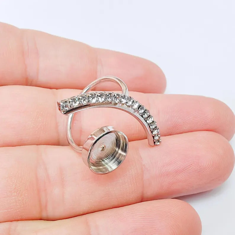 Clear Crystal Accent Adjustable Ring Bezel, 10mm Bezel Cup, Shiny Silver Brass, G37452