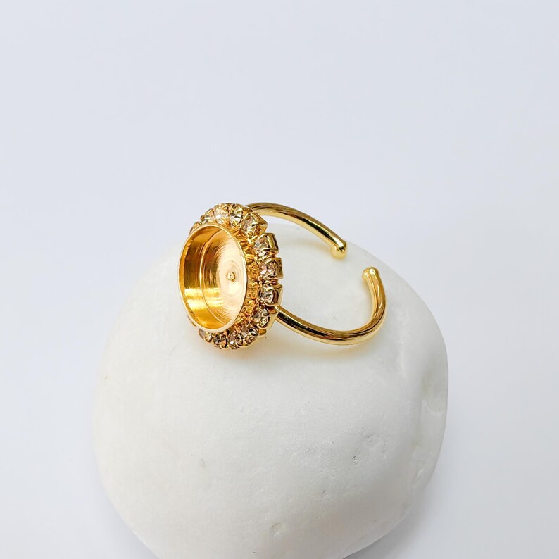 Ring Blank with Clear Crystals, Ring Bezel Setting Cabochon Resin Mounting Shiny Gold Plated Brass Adjustable Ring Base (10mm) G37454