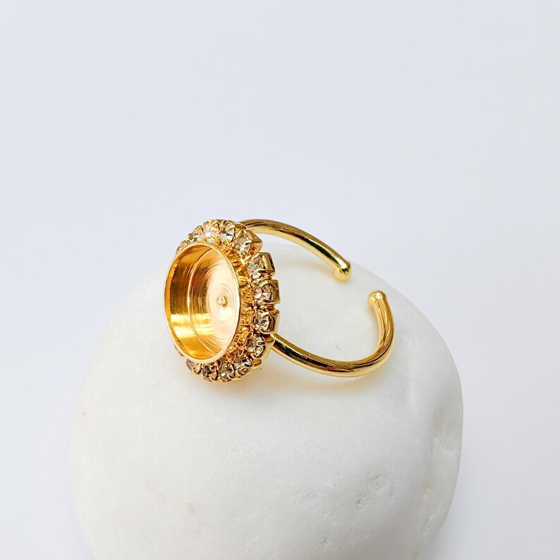 Ring Blank with Clear Crystals, Ring Bezel Setting Cabochon Resin Mounting Shiny Gold Plated Brass Adjustable Ring Base (10mm) G37454