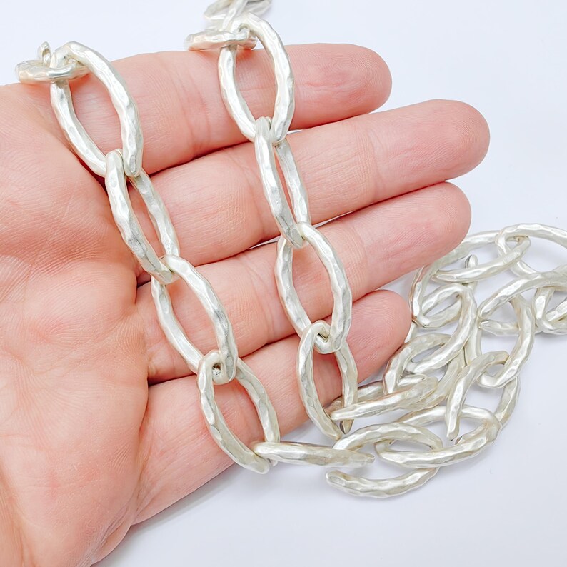 Large Oval Hammered Chain, 26x14mm Silver Plated Zamak Chain, 1 Meter - 3.3 Feet Jewelry Supply, G37520