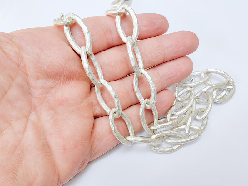 Large Oval Hammered Chain, 26x14mm Silver Plated Zamak Chain, 1 Meter - 3.3 Feet Jewelry Supply, G37520
