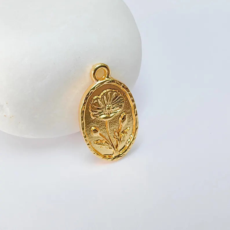 Poppy Flower Pendant, 23x13mm Oval Charm, 24k Shiny Gold Plated Zamak Jewelry Pendant, Floral Design Charm, G37522