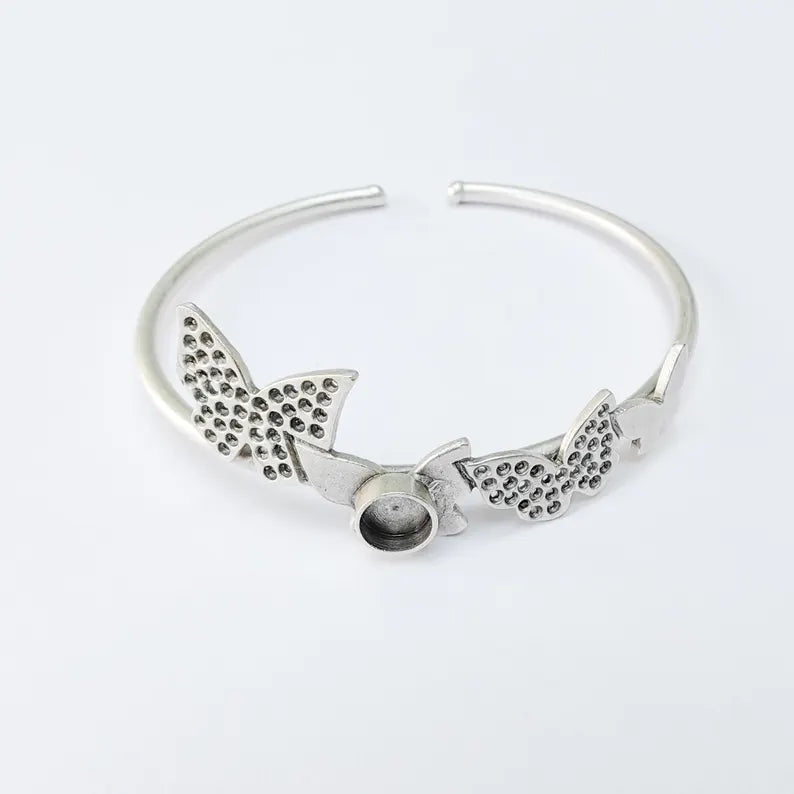 Butterfly Adjustable Bracelet with 6mm Bezel, Silver Plated Brass Cuff, Nickel Free and Lead Free Jewelry Base, G37523