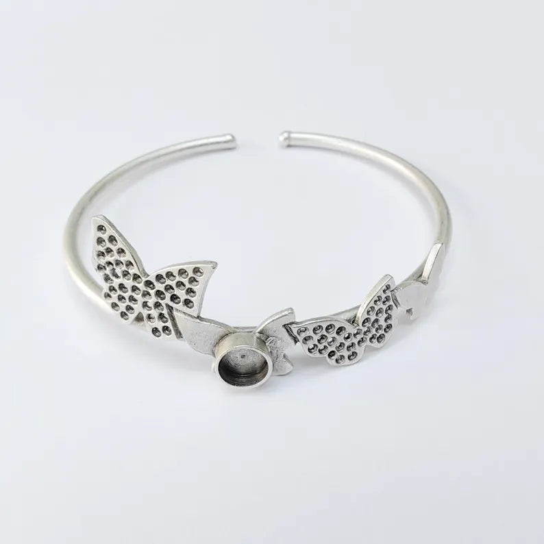 Butterfly Adjustable Bracelet with 6mm Bezel, Silver Plated Brass Cuff, Nickel Free and Lead Free Jewelry Base, G37523
