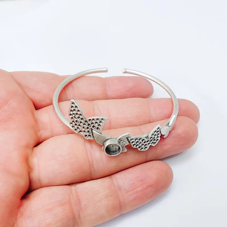 Butterfly Adjustable Bracelet with 6mm Bezel, Silver Plated Brass Cuff, Nickel Free and Lead Free Jewelry Base, G37523
