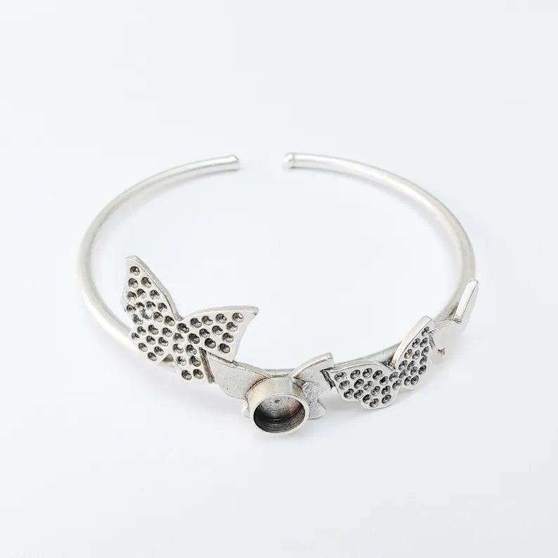 Butterfly Adjustable Bracelet with 6mm Bezel, Silver Plated Brass Cuff, Nickel Free and Lead Free Jewelry Base, G37523