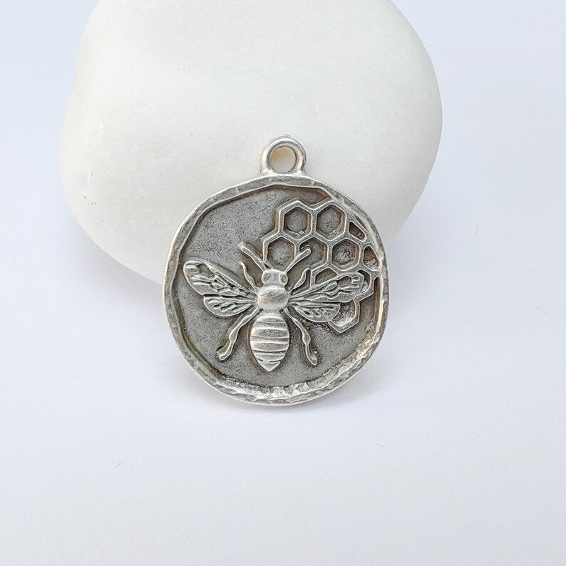 Bee and Honeycomb Pendant Charm, Nature Jewelry Making Supplies, 28x24mm Antique Silver Plated Zamac G37524
