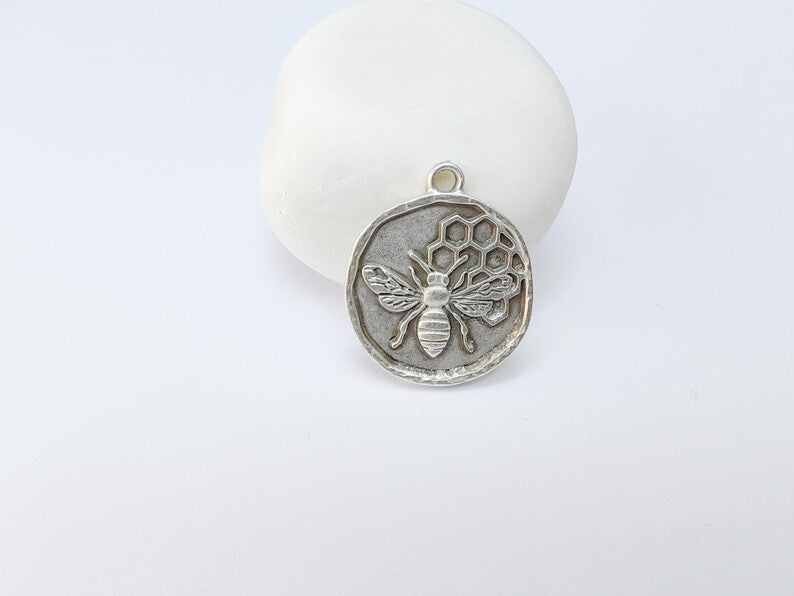 Bee and Honeycomb Pendant Charm, Nature Jewelry Making Supplies, 28x24mm Antique Silver Plated Zamac G37524