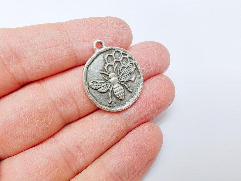 Bee and Honeycomb Pendant Charm, Nature Jewelry Making Supplies, 28x24mm Antique Silver Plated Zamac G37524