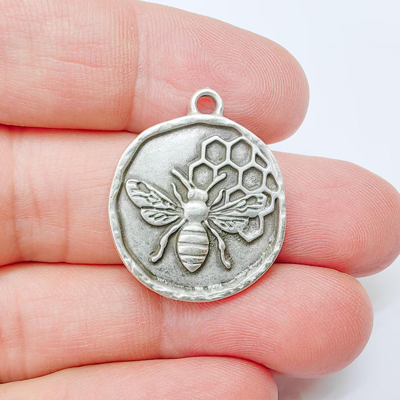 Bee and Honeycomb Pendant Charm, Nature Jewelry Making Supplies, 28x24mm Antique Silver Plated Zamac G37524
