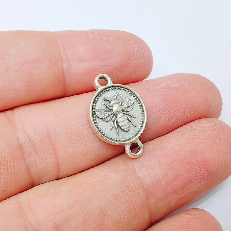 4 Bee Connector Double Sided Charm, 21x14mm Antique Silver Plated Zamac, Nickel Free Lead Free, Jewelry Making Supplies, G37456