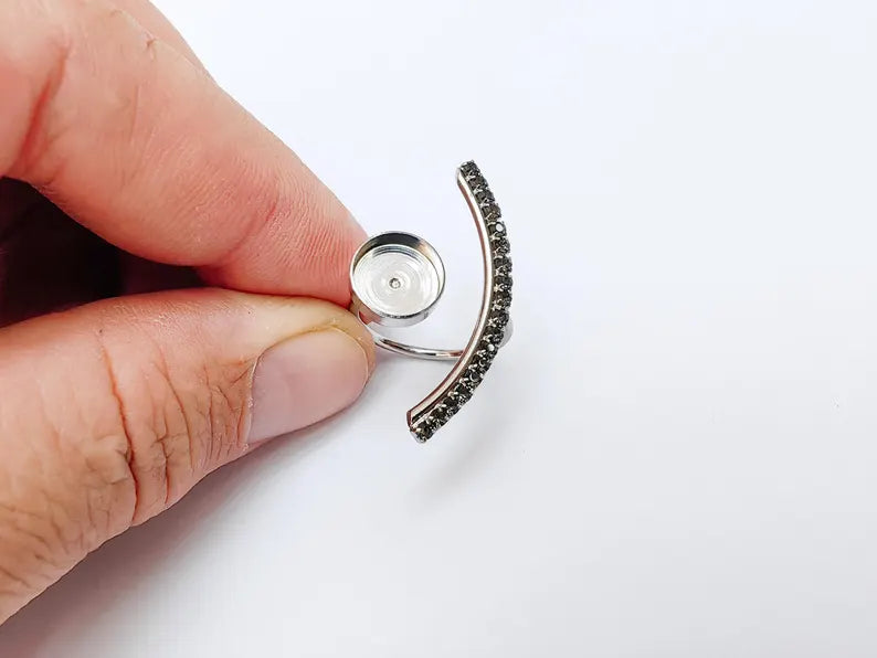 Dark Gray Crystal Accent Adjustable Ring Bezel, 10mm Bezel Cup, Shiny Silver Brass, G37457