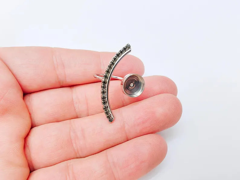 Dark Gray Crystal Accent Adjustable Ring Bezel, 10mm Bezel Cup, Shiny Silver Brass, G37457