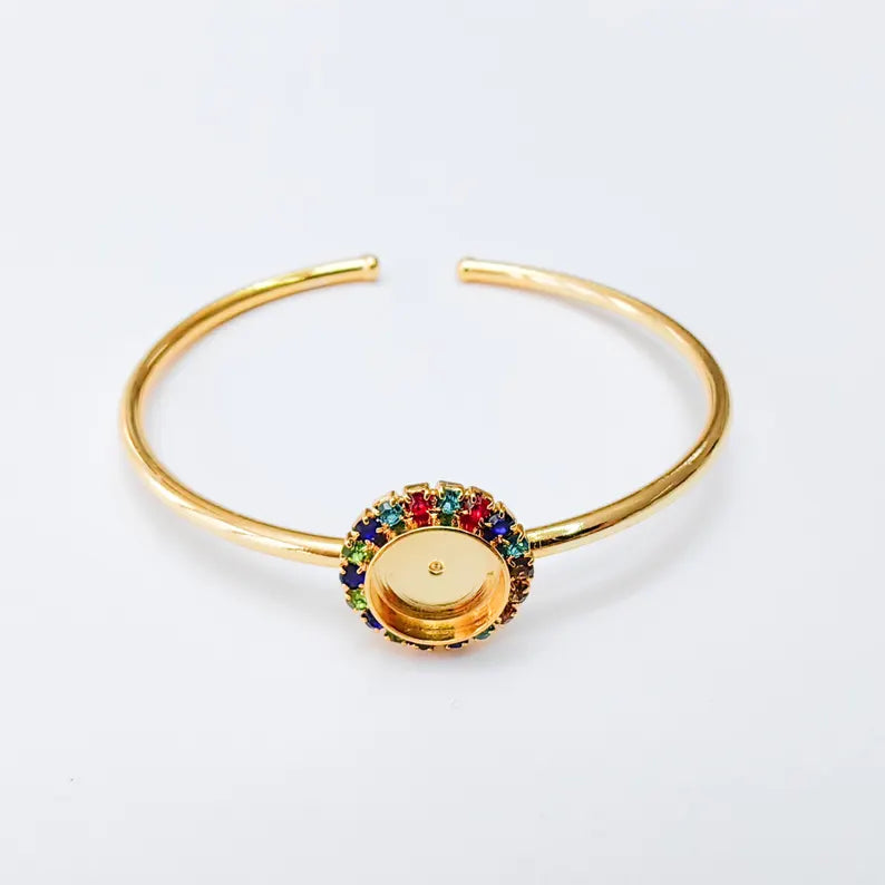 Colorful Crystal Accent Bracelet Bezel, Adjustable Cuff Bangle, 10mm Round Setting, 24k Shiny Gold Brass, G37458