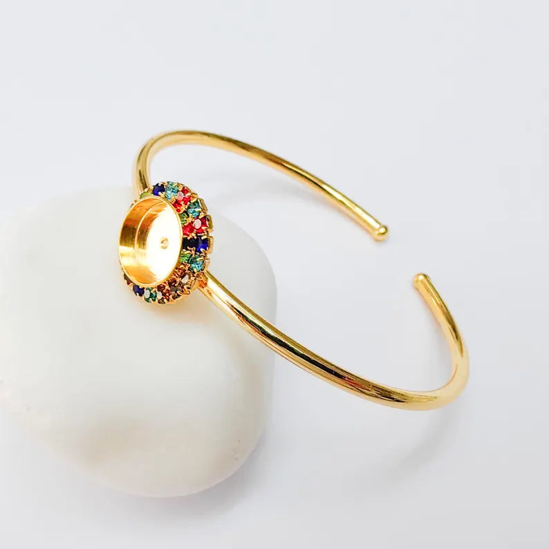 Colorful Crystal Accent Bracelet Bezel, Adjustable Cuff Bangle, 10mm Round Setting, 24k Shiny Gold Brass, G37458