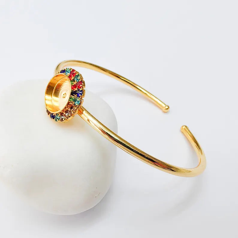 Colorful Crystal Accent Bracelet Bezel, Adjustable Cuff Bangle, 10mm Round Setting, 24k Shiny Gold Brass, G37458