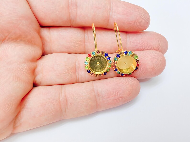 Colorful Crystal Hook Earrings with 10mm Bezel, 24k Gold Plated Drop Settings, DIY Jewelry Making, G37461