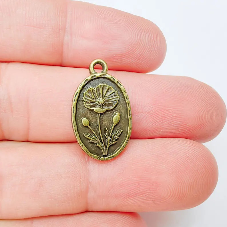 2 Poppy Flower Charm, Oval Pendant, Antique Bronze Plated, 23x13mm, Double Sided Jewelry Making Supplies, Zamac G37462