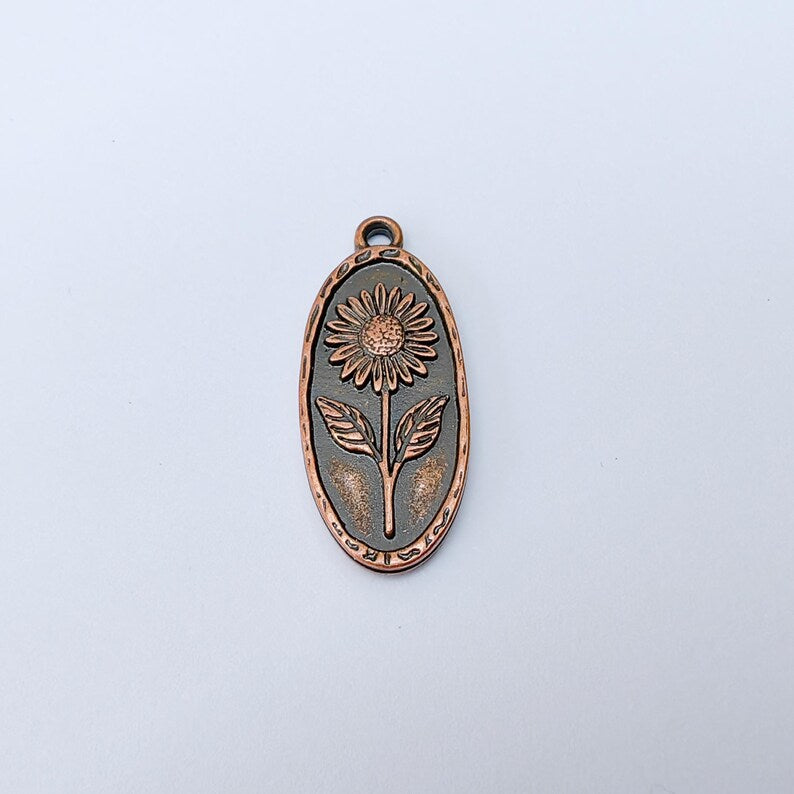 Sunflower Pendant Charm, Oval Floral Pendant, Antique Copper Plated Jewelry Making, 30x13mm G37464
