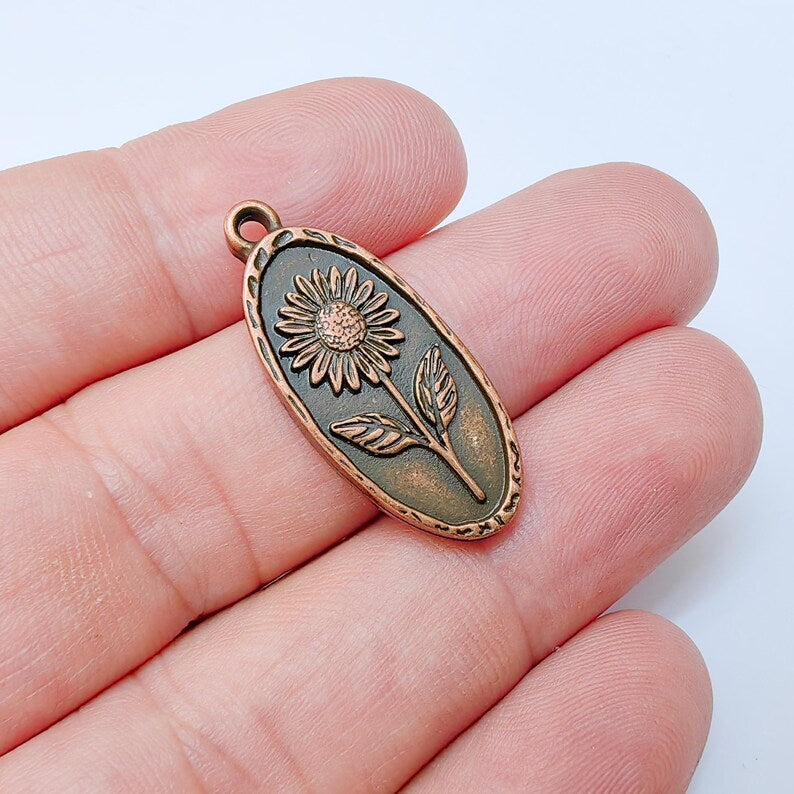 Sunflower Pendant Charm, Oval Floral Pendant, Antique Copper Plated Jewelry Making, 30x13mm G37464