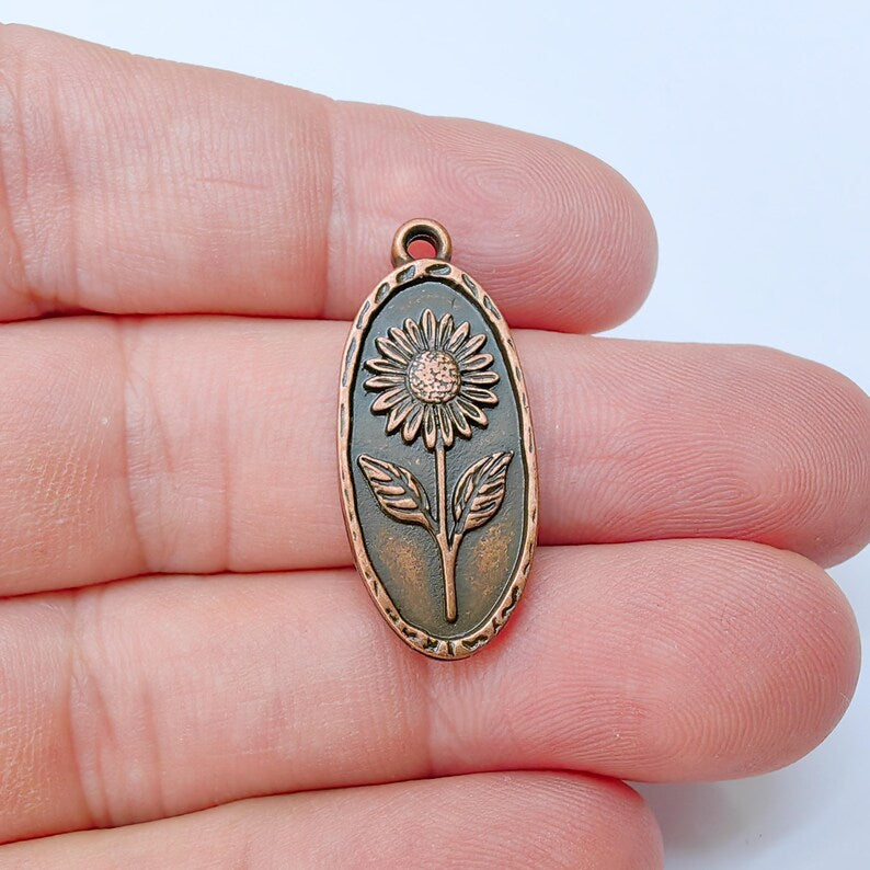 Sunflower Pendant Charm, Oval Floral Pendant, Antique Copper Plated Jewelry Making, 30x13mm G37464