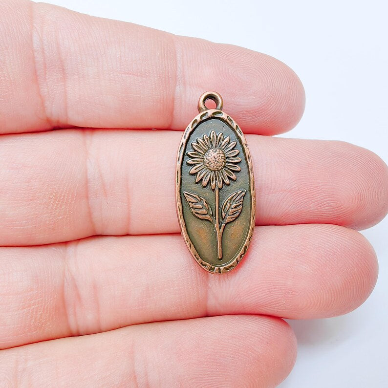 Sunflower Pendant Charm, Oval Floral Pendant, Antique Copper Plated Jewelry Making, 30x13mm G37464