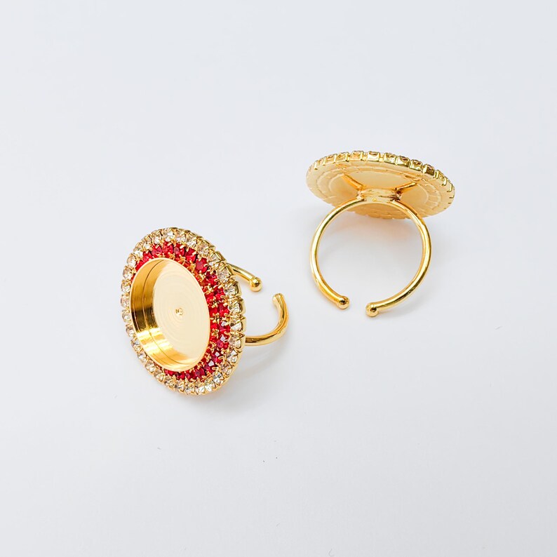 Red Crystal Ring Bezel, Adjustable Ring Base, 16mm Round Bezel Setting, 24K Shiny Gold, G37465