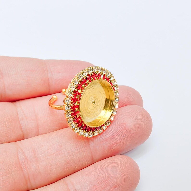 Red Crystal Ring Bezel, Adjustable Ring Base, 16mm Round Bezel Setting, 24K Shiny Gold, G37465
