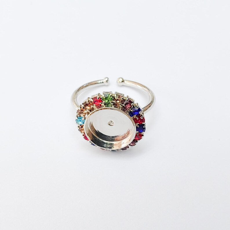 Ring Blank Colorful Crystals, Ring Bezel Setting Cabochon Resin Mounting Shiny Silver Base Rhodium Plated Brass Adjustable (10mm) G37466