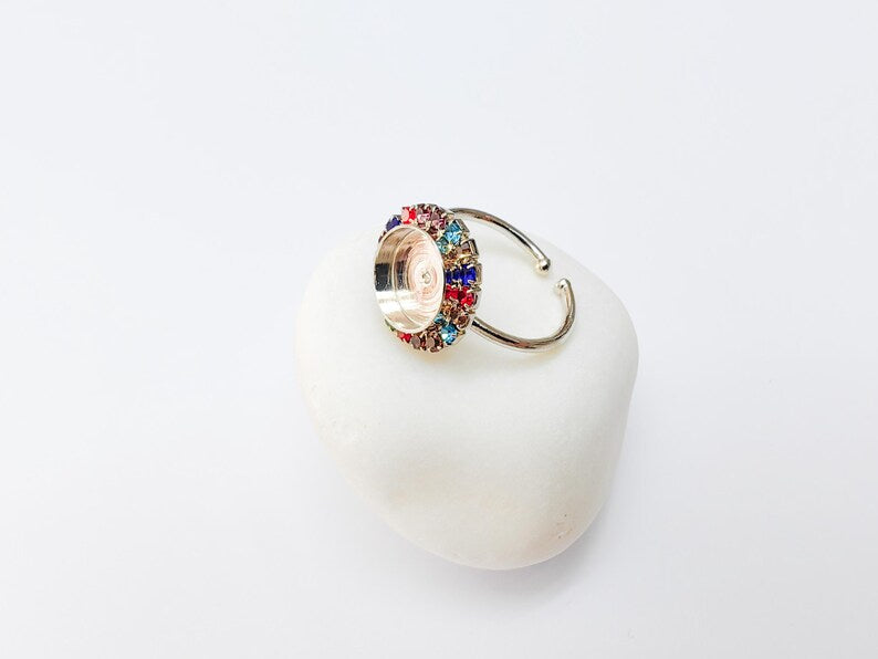 Ring Blank Colorful Crystals, Ring Bezel Setting Cabochon Resin Mounting Shiny Silver Base Rhodium Plated Brass Adjustable (10mm) G37466