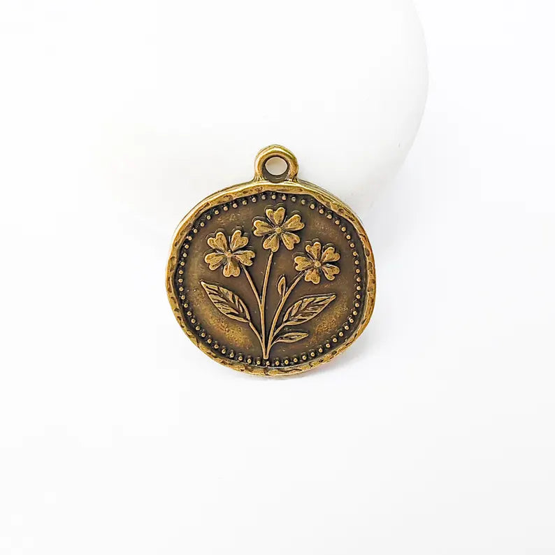 Flower Charm, Organic Edge Floral Medallion Pendant, Antique Bronze Plated 28x24mm G37468