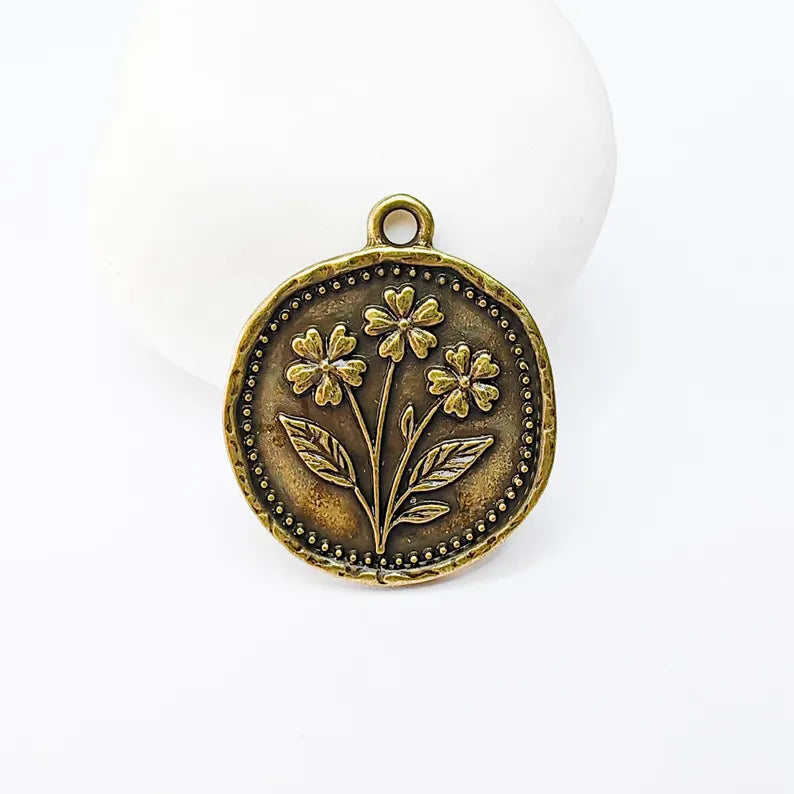 Flower Charm, Organic Edge Floral Medallion Pendant, Antique Bronze Plated 28x24mm G37468