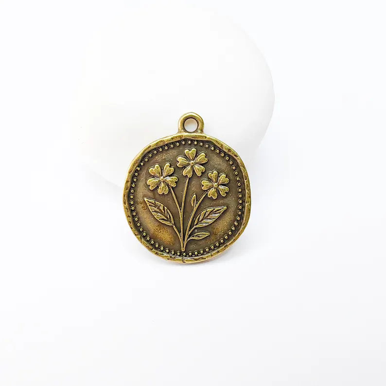 Flower Charm, Organic Edge Floral Medallion Pendant, Antique Bronze Plated 28x24mm G37468