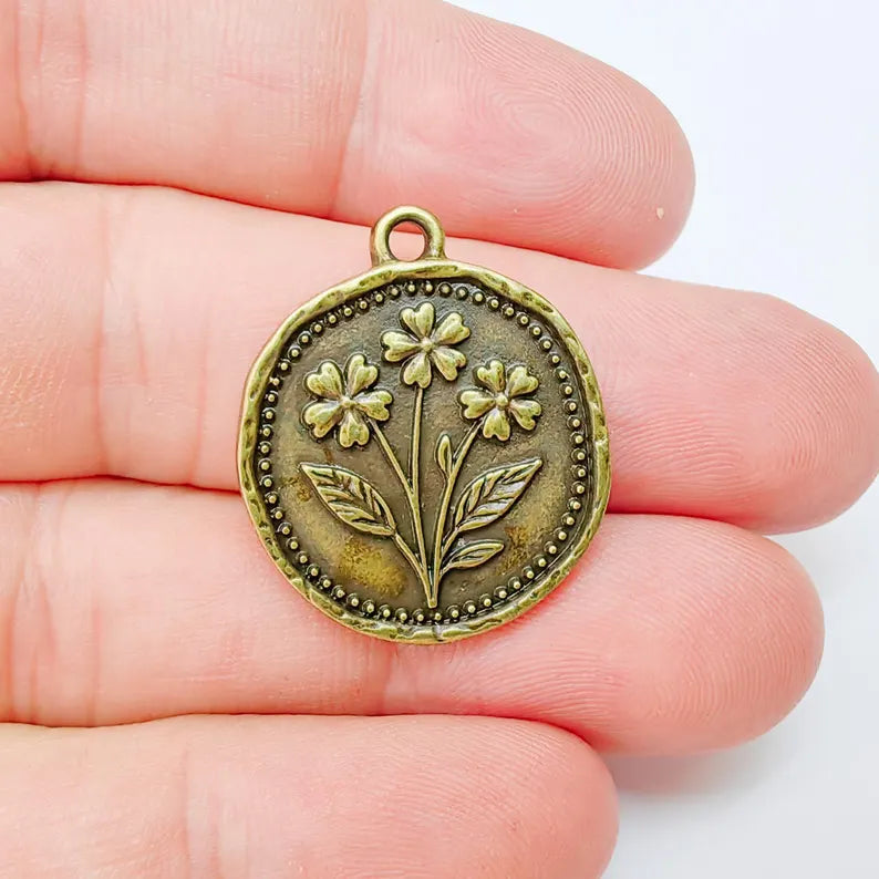 Flower Charm, Organic Edge Floral Medallion Pendant, Antique Bronze Plated 28x24mm G37468