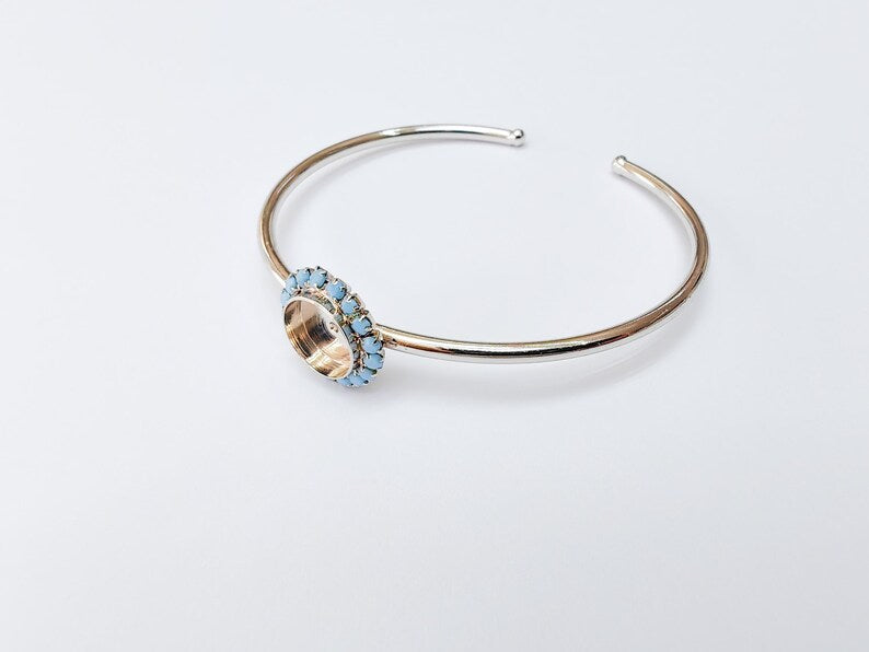 Turquoise Blue Crystal Bangle Bracelet, Shiny Silver Adjustable Cuff, 10mm Bezel Jewelry Making Supplies, G37469