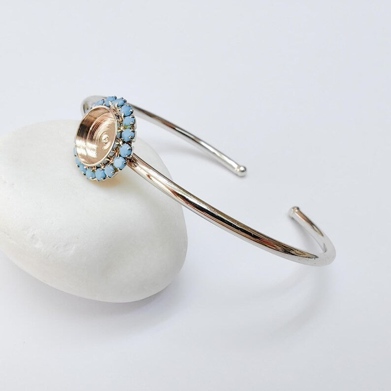 Turquoise Blue Crystal Bangle Bracelet, Shiny Silver Adjustable Cuff, 10mm Bezel Jewelry Making Supplies, G37469