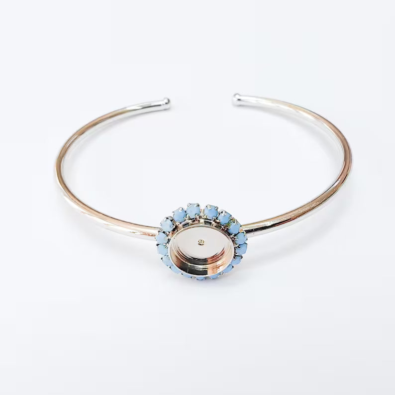 Turquoise Blue Crystal Bangle Bracelet, Shiny Silver Adjustable Cuff, 10mm Bezel Jewelry Making Supplies, G37469