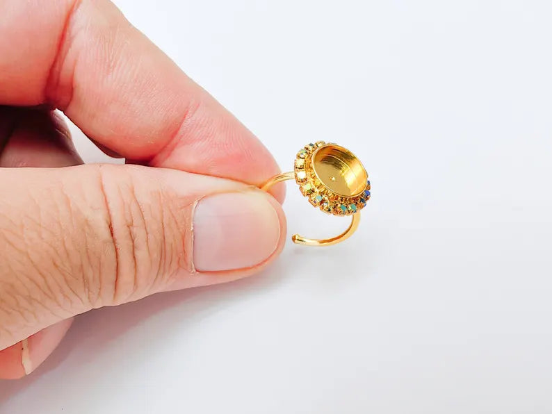 Ring Blank with Rainbow Crystals, Ring Bezel Setting Cabochon Resin Mounting Shiny Gold Plated Brass Adjustable Ring Base (10mm) G37471