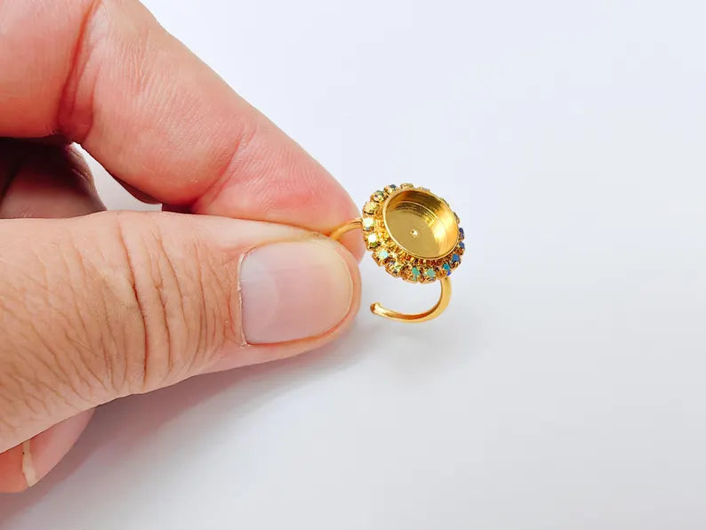Ring Blank with Rainbow Crystals, Ring Bezel Setting Cabochon Resin Mounting Shiny Gold Plated Brass Adjustable Ring Base (10mm) G37471