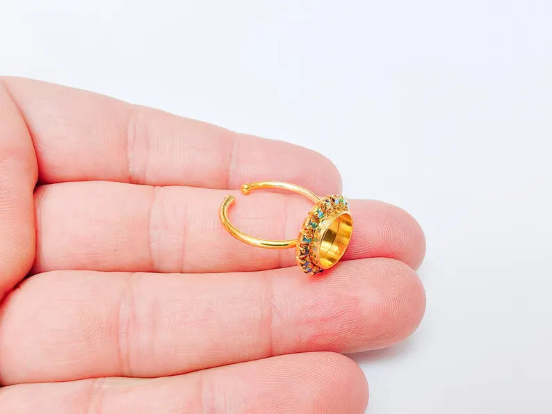 Ring Blank with Rainbow Crystals, Ring Bezel Setting Cabochon Resin Mounting Shiny Gold Plated Brass Adjustable Ring Base (10mm) G37471