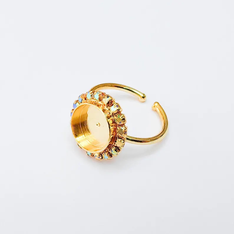 Ring Blank with Rainbow Crystals, Ring Bezel Setting Cabochon Resin Mounting Shiny Gold Plated Brass Adjustable Ring Base (10mm) G37471