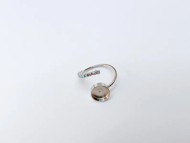 Rainbow Crystal Accent Adjustable Ring Bezel, 10mm Bezel Cup, Shiny Silver Brass, G37473