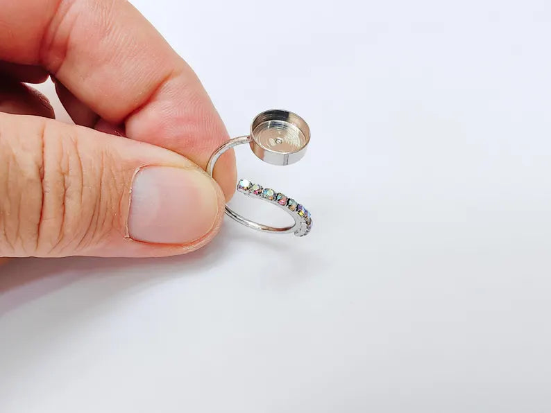 Rainbow Crystal Accent Adjustable Ring Bezel, 10mm Bezel Cup, Shiny Silver Brass, G37473