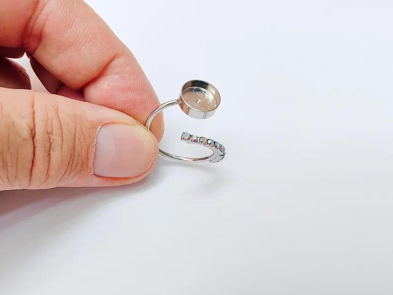 Rainbow Crystal Accent Adjustable Ring Bezel, 10mm Bezel Cup, Shiny Silver Brass, G37473